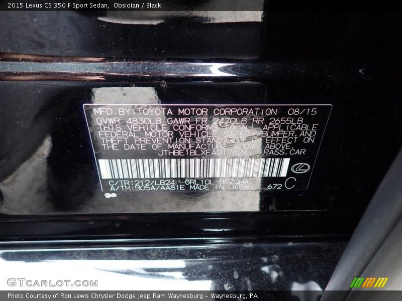 2015 GS 350 F Sport Sedan Obsidian Color Code 212