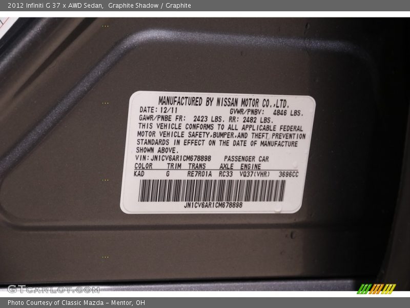 Graphite Shadow / Graphite 2012 Infiniti G 37 x AWD Sedan