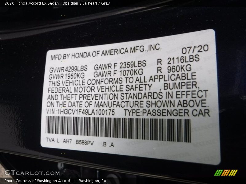 Obsidian Blue Pearl / Gray 2020 Honda Accord EX Sedan