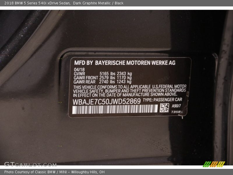 Dark Graphite Metallic / Black 2018 BMW 5 Series 540i xDrive Sedan