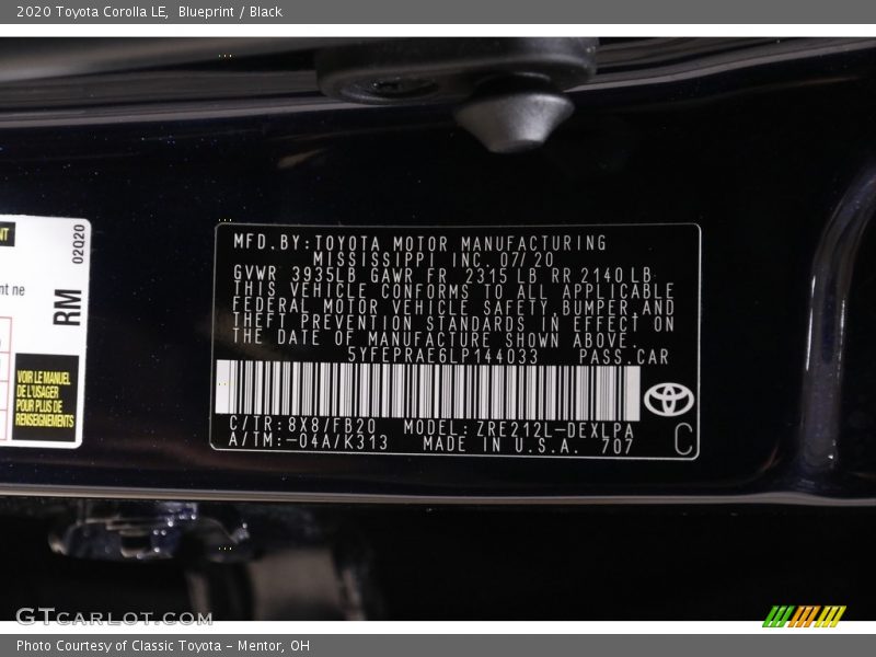 Blueprint / Black 2020 Toyota Corolla LE