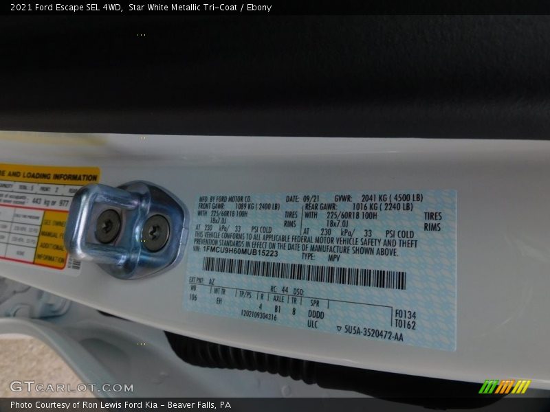 Star White Metallic Tri-Coat / Ebony 2021 Ford Escape SEL 4WD