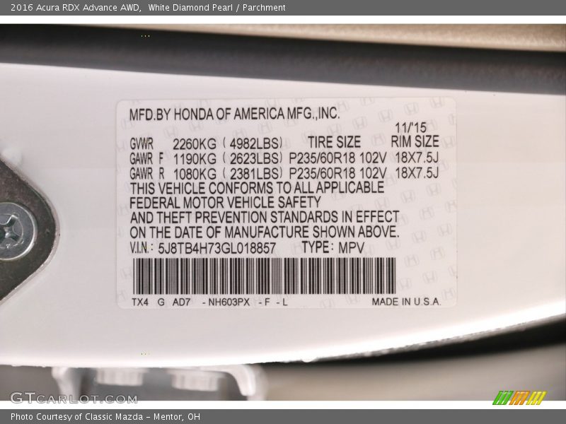 2016 RDX Advance AWD White Diamond Pearl Color Code NH603PX