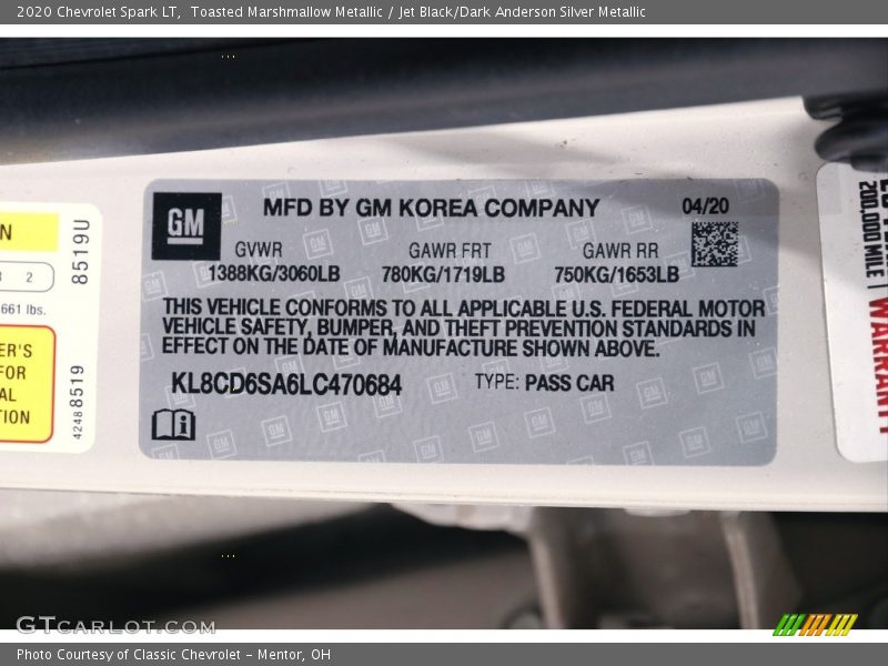 Toasted Marshmallow Metallic / Jet Black/Dark Anderson Silver Metallic 2020 Chevrolet Spark LT