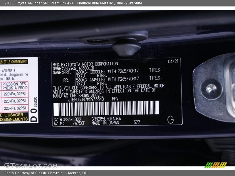 2021 4Runner SR5 Premium 4x4 Nautical Blue Metallic Color Code 8S6
