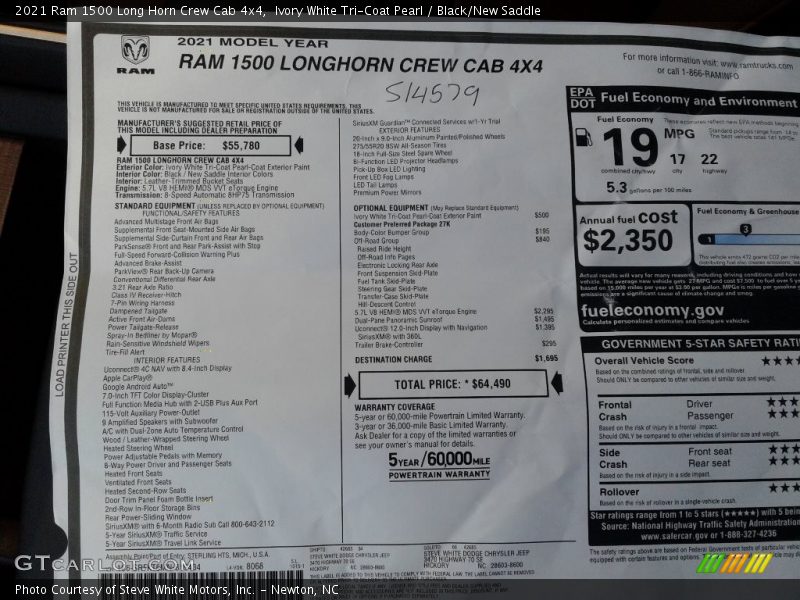  2021 1500 Long Horn Crew Cab 4x4 Window Sticker