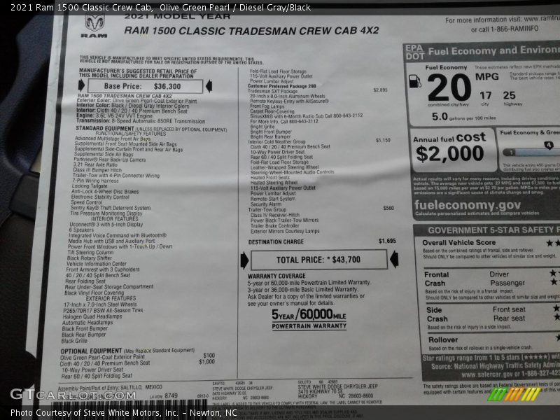  2021 1500 Classic Crew Cab Window Sticker