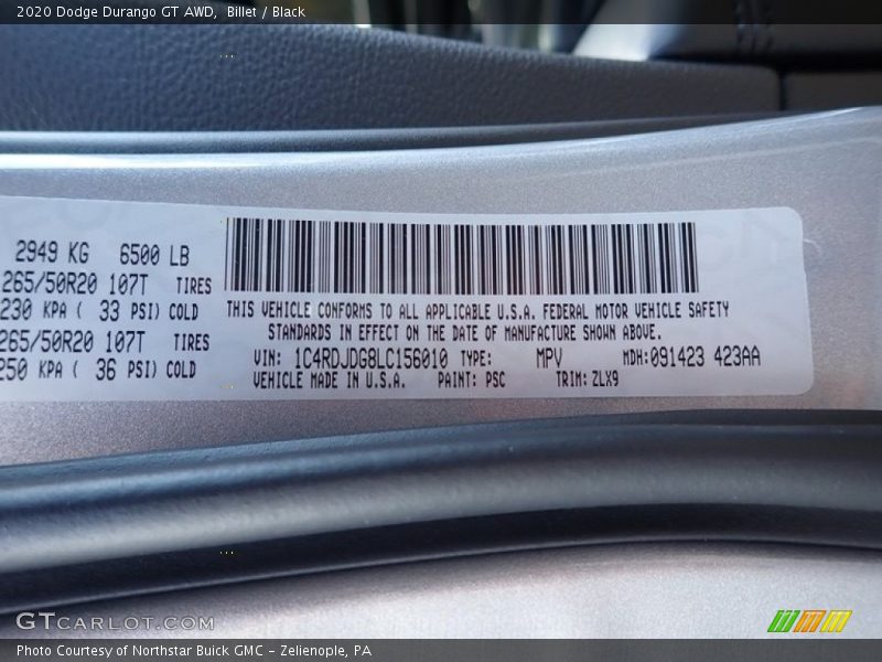 Billet / Black 2020 Dodge Durango GT AWD