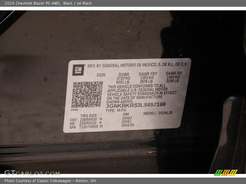 Black / Jet Black 2020 Chevrolet Blazer RS AWD