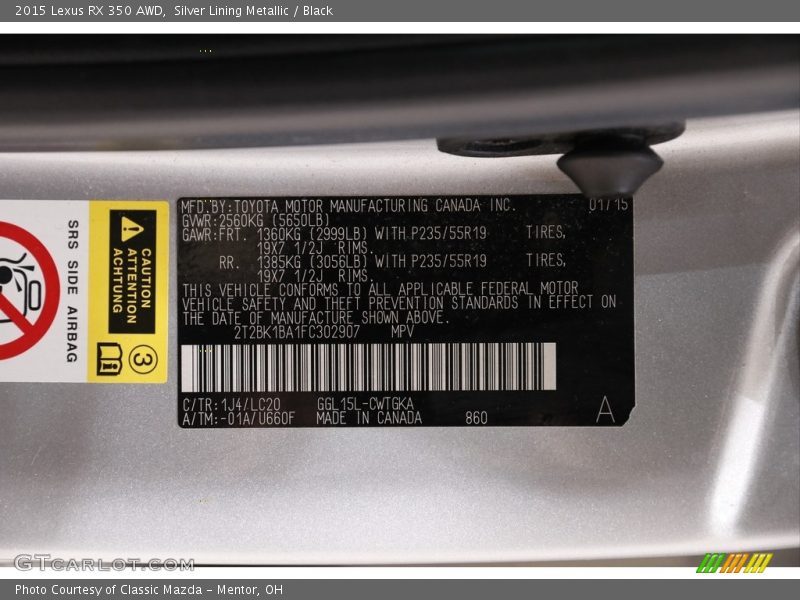 Silver Lining Metallic / Black 2015 Lexus RX 350 AWD