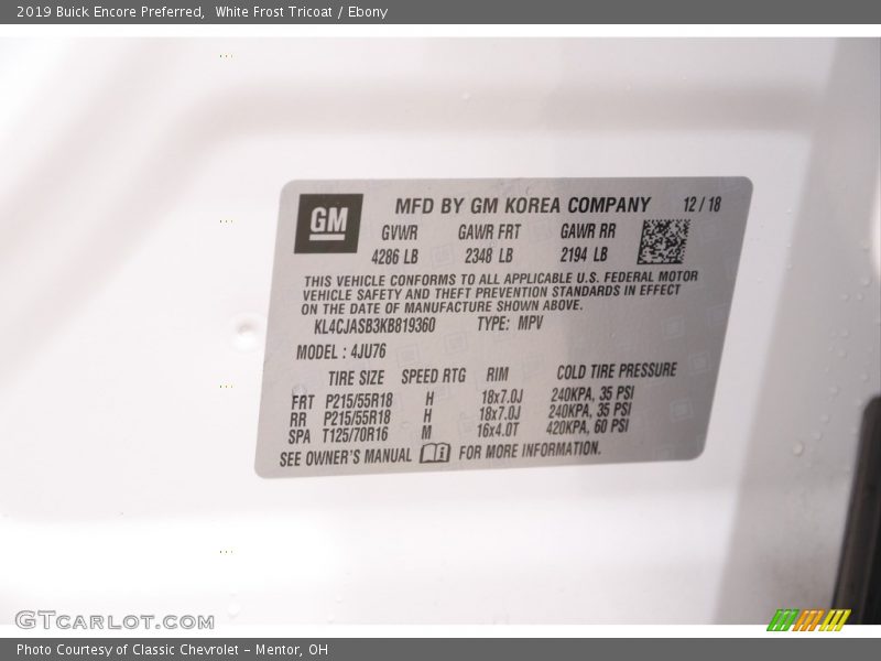 White Frost Tricoat / Ebony 2019 Buick Encore Preferred