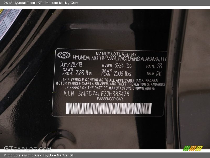 Phantom Black / Gray 2018 Hyundai Elantra SE