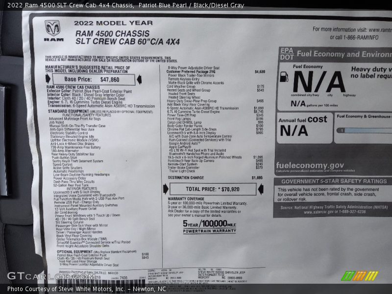 2022 4500 SLT Crew Cab 4x4 Chassis Window Sticker
