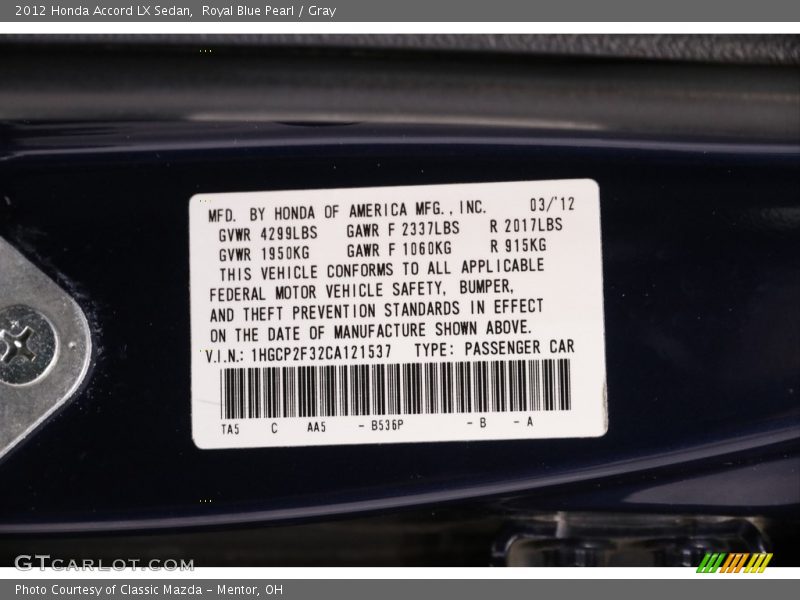 Royal Blue Pearl / Gray 2012 Honda Accord LX Sedan