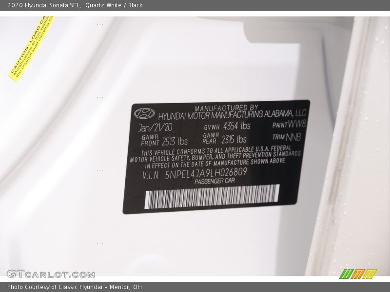 Quartz White / Black 2020 Hyundai Sonata SEL