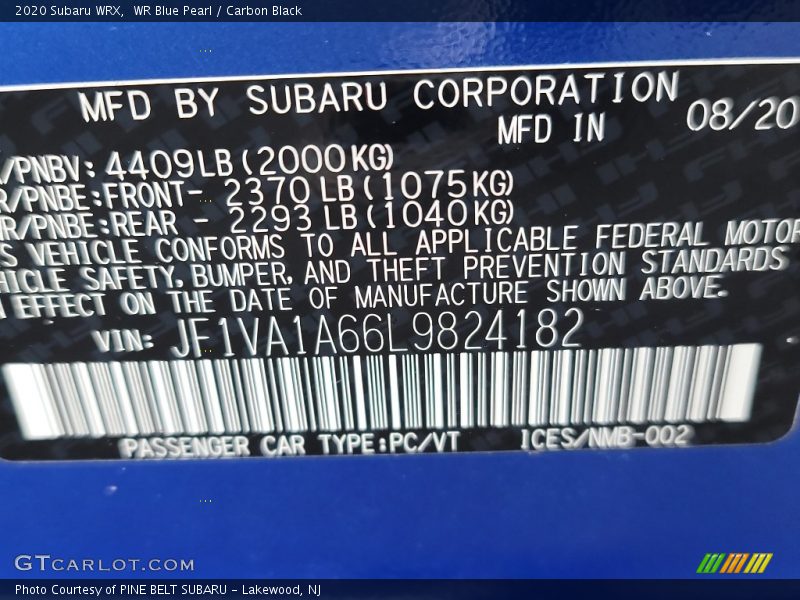 WR Blue Pearl / Carbon Black 2020 Subaru WRX