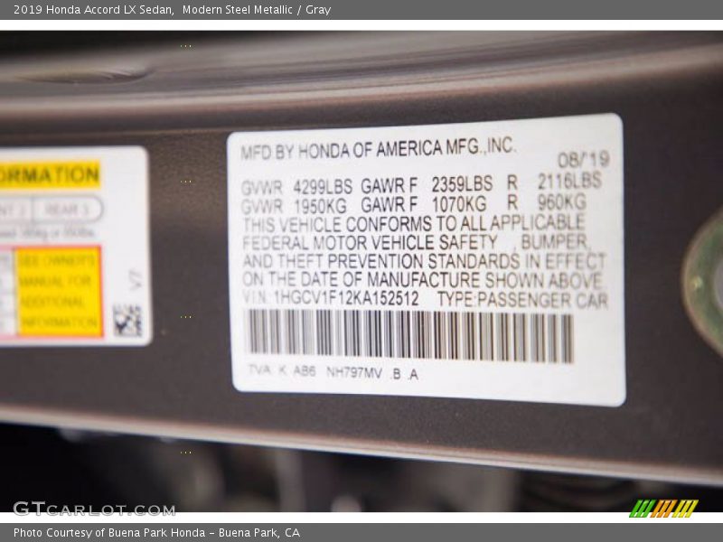 Modern Steel Metallic / Gray 2019 Honda Accord LX Sedan