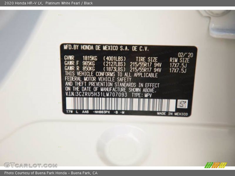 Platinum White Pearl / Black 2020 Honda HR-V LX
