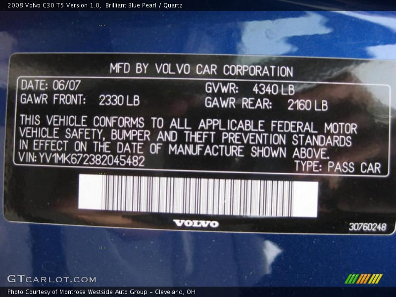 Brilliant Blue Pearl / Quartz 2008 Volvo C30 T5 Version 1.0