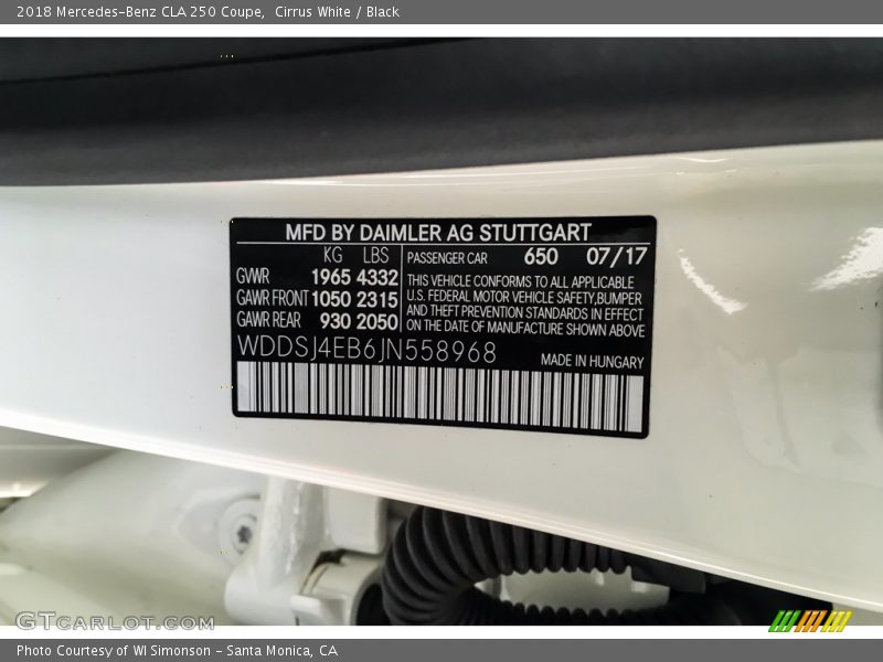 Cirrus White / Black 2018 Mercedes-Benz CLA 250 Coupe