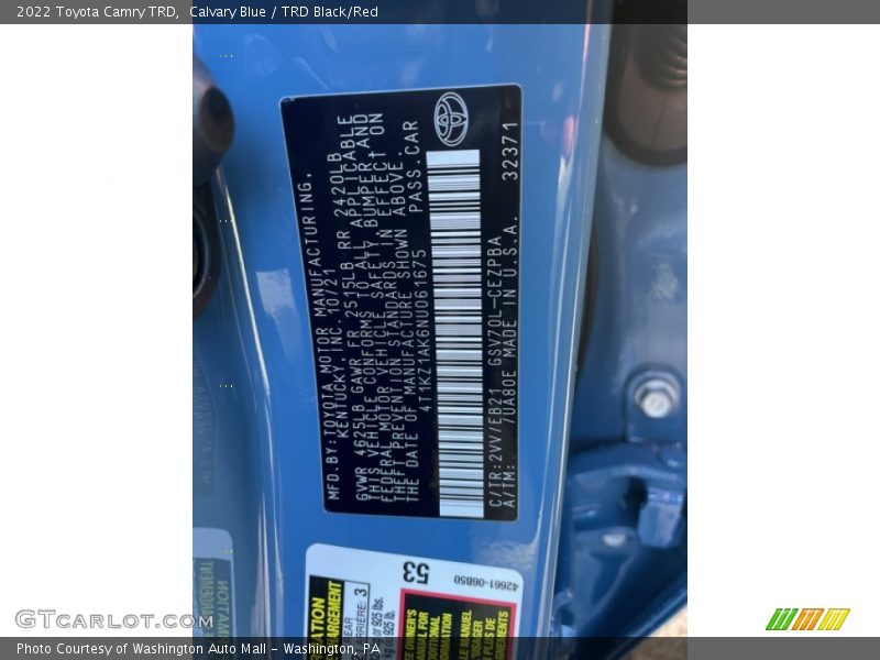 2022 Camry TRD Calvary Blue Color Code 2VV