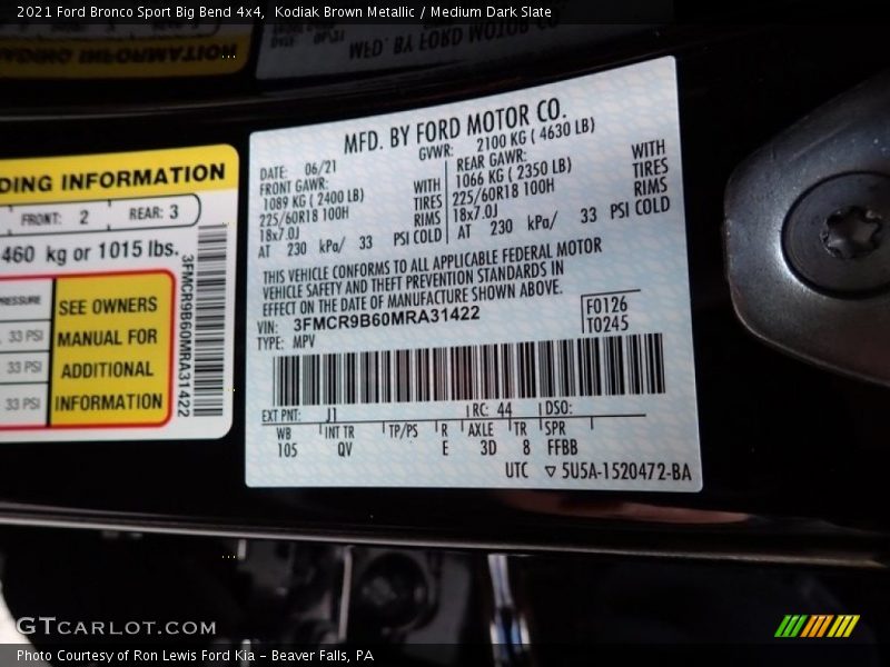 2021 Bronco Sport Big Bend 4x4 Kodiak Brown Metallic Color Code J1