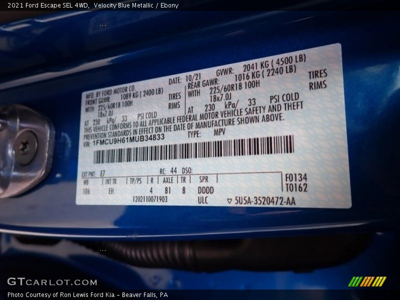 2021 Escape SEL 4WD Velocity Blue Metallic Color Code E7