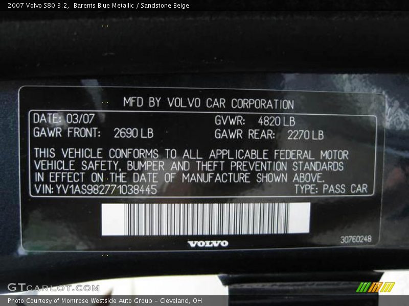 Barents Blue Metallic / Sandstone Beige 2007 Volvo S80 3.2