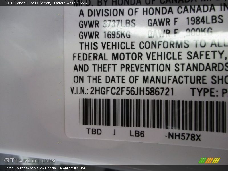 Taffeta White / Ivory 2018 Honda Civic LX Sedan