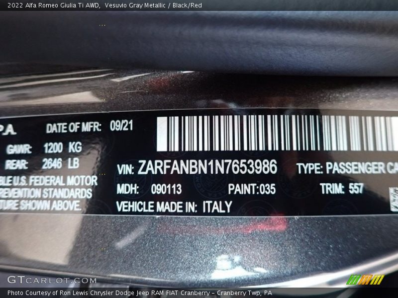 2022 Giulia Ti AWD Vesuvio Gray Metallic Color Code 035