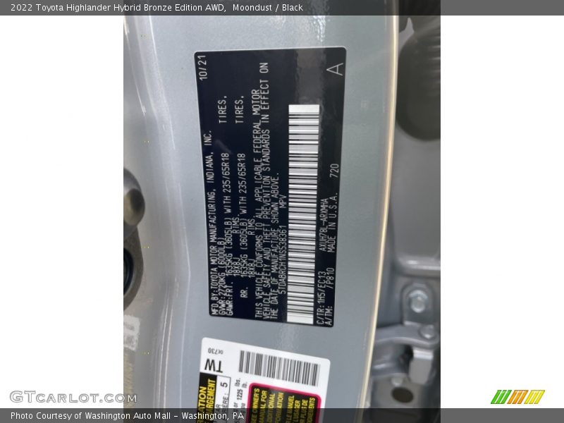 2022 Highlander Hybrid Bronze Edition AWD Moondust Color Code 1H5