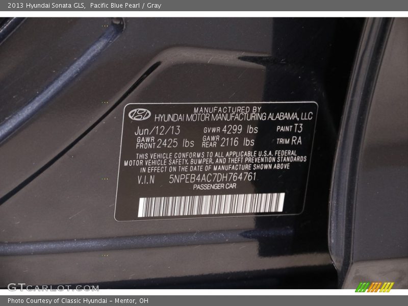 Pacific Blue Pearl / Gray 2013 Hyundai Sonata GLS