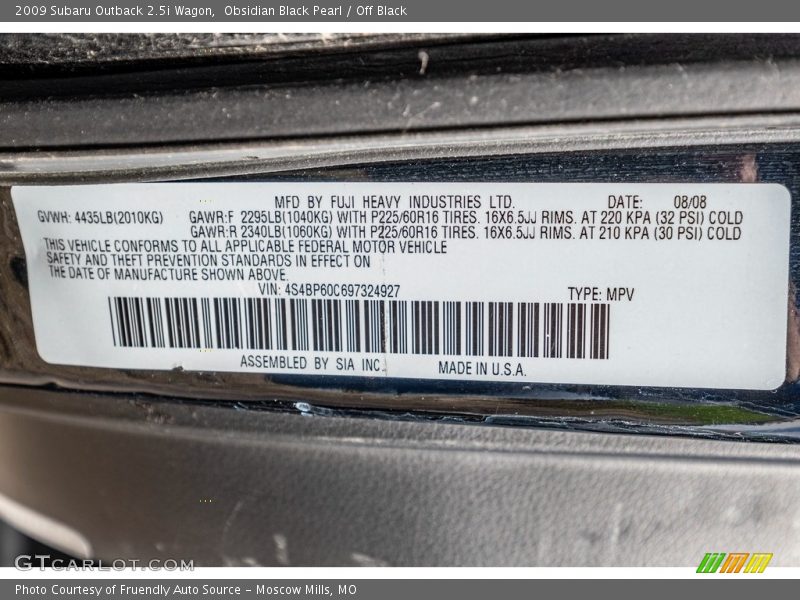 Obsidian Black Pearl / Off Black 2009 Subaru Outback 2.5i Wagon