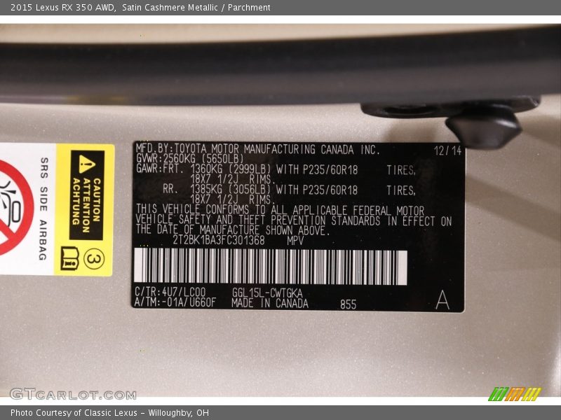 Satin Cashmere Metallic / Parchment 2015 Lexus RX 350 AWD