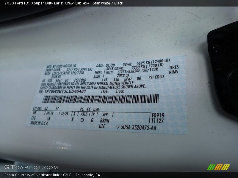 2020 F350 Super Duty Lariat Crew Cab 4x4 Star White Color Code AZ