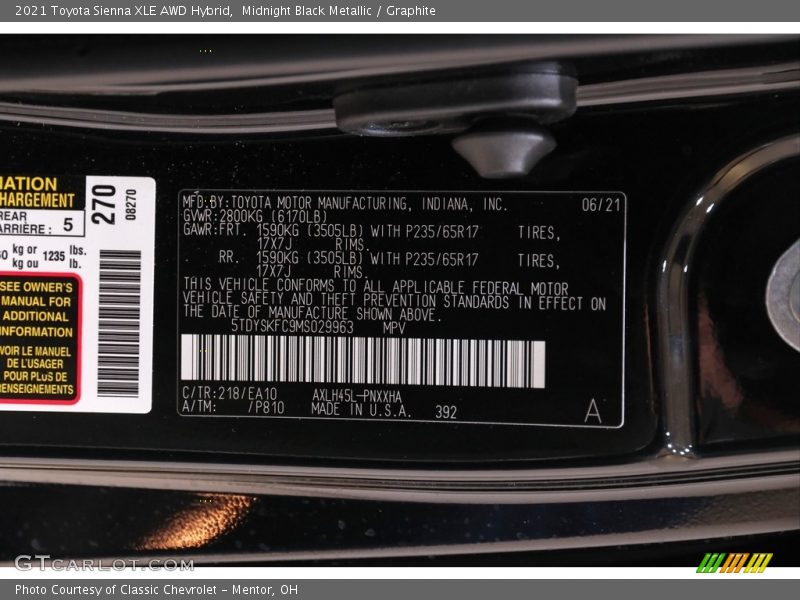 2021 Sienna XLE AWD Hybrid Midnight Black Metallic Color Code 218