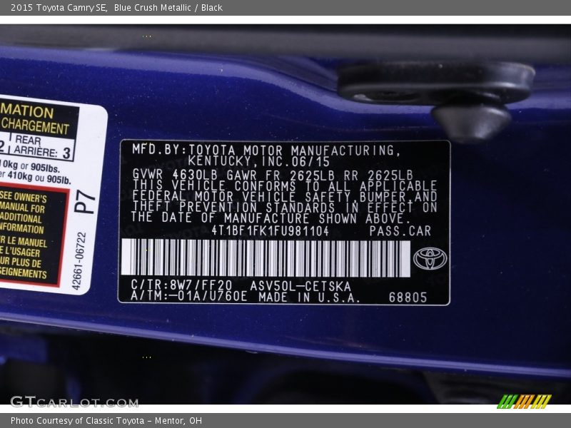 Blue Crush Metallic / Black 2015 Toyota Camry SE