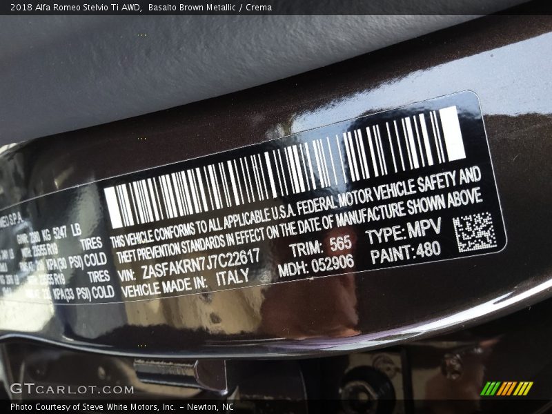 2018 Stelvio Ti AWD Basalto Brown Metallic Color Code 480
