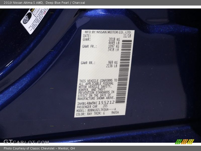 2019 Altima S AWD Deep Blue Pearl Color Code RAY