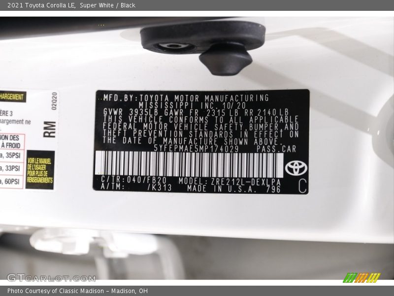 2021 Corolla LE Super White Color Code 040