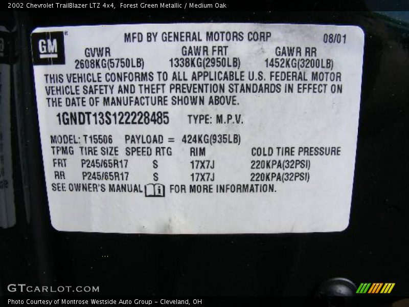 Forest Green Metallic / Medium Oak 2002 Chevrolet TrailBlazer LTZ 4x4