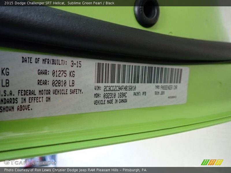 Sublime Green Pearl / Black 2015 Dodge Challenger SRT Hellcat