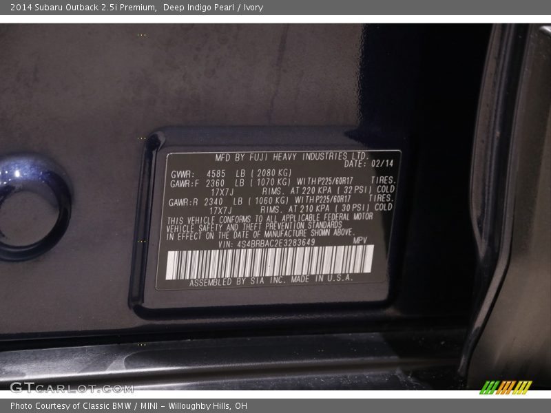Deep Indigo Pearl / Ivory 2014 Subaru Outback 2.5i Premium