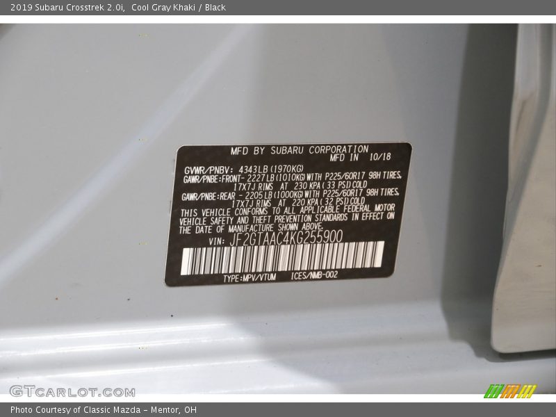 Cool Gray Khaki / Black 2019 Subaru Crosstrek 2.0i