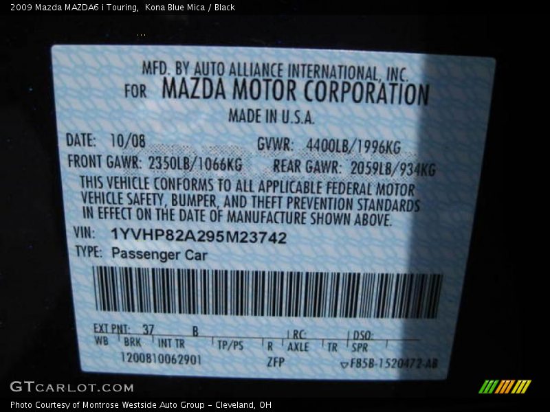 Kona Blue Mica / Black 2009 Mazda MAZDA6 i Touring