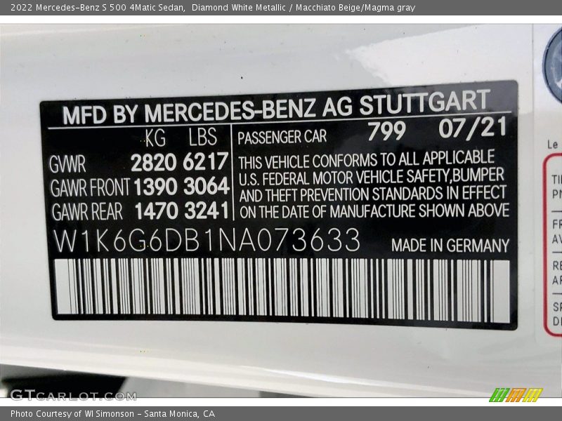 2022 S 500 4Matic Sedan Diamond White Metallic Color Code 799
