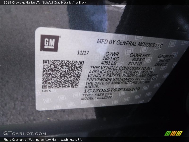 Nightfall Gray Metallic / Jet Black 2018 Chevrolet Malibu LT