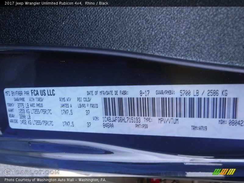 Rhino / Black 2017 Jeep Wrangler Unlimited Rubicon 4x4