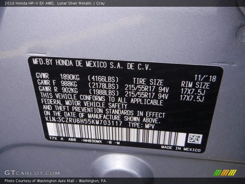 Lunar Silver Metallic / Gray 2019 Honda HR-V EX AWD