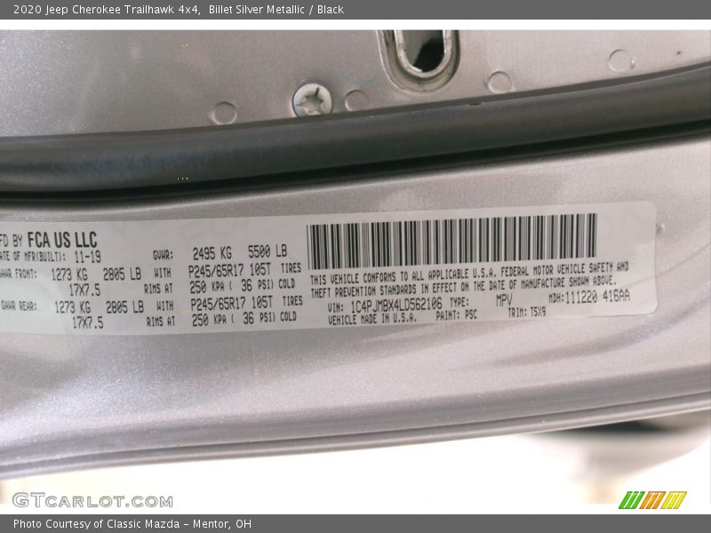 Billet Silver Metallic / Black 2020 Jeep Cherokee Trailhawk 4x4